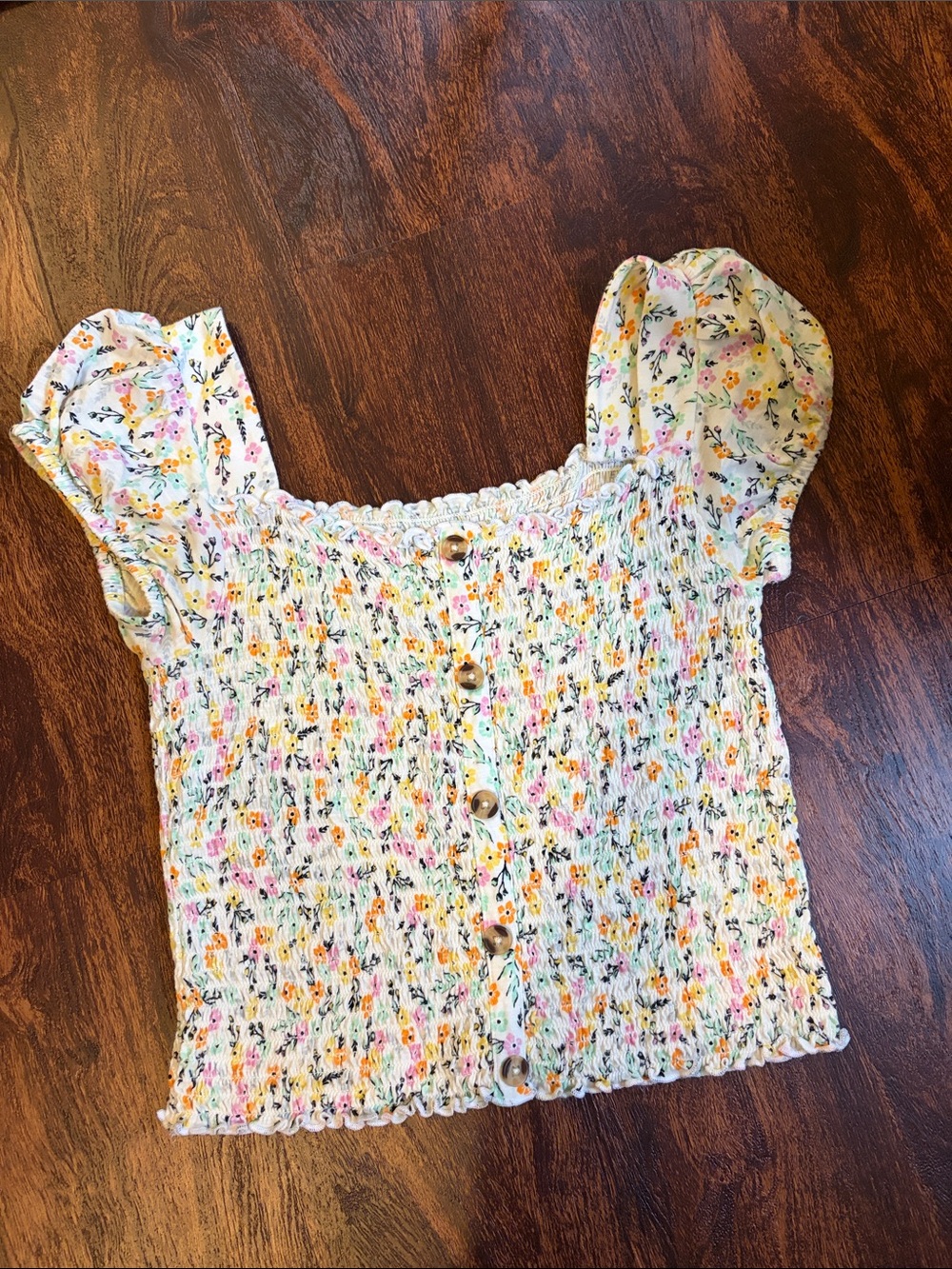 Smocked Floral Button-Front Top - White with Yellow & Pink Flowers